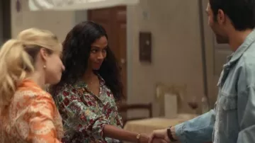Ba&sh Phara metallic floral-print crepon shirt worn by Amy Wheeler (Zoe Saldana) as seen in From Scratch TV show (Season 1)