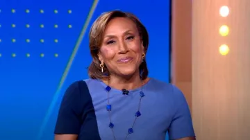 St. John Collection Slanted Colorblock Milano Knit Sheath Dress worn by Robin Roberts as seen in Good Morning America on November 10, 2022