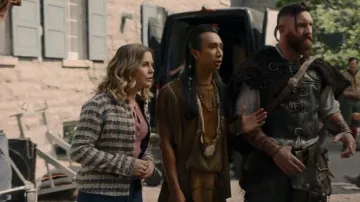 Scotch & Soda Striped Tweed Jack­et worn by Samantha (Rose McIver) as seen in Ghosts (S02E07)
