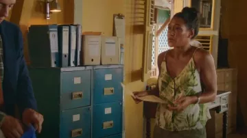 H&M Line Top in White/Palm Leaves worn by DS Florence Cassell (Joséphine Jobert) as seen in Death in Paradise (S10E03)