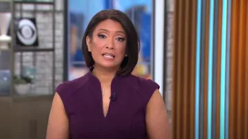 Nanette Lepore Plum Flare Dress worn by Elaine Quijano as seen in CBS Mornings on November 13, 2022