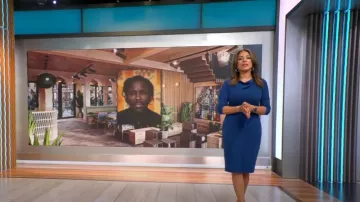 Calvin Klein Three Quarter Sleeve Belted Cowl Neck Sheath Dress worn by Michelle Miller as seen in CBS Mornings on November 13, 2022