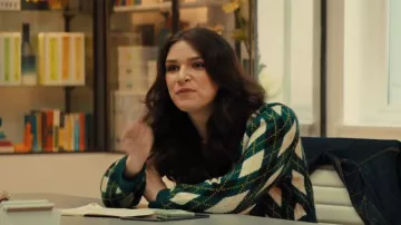 Staud Green argyle cardigan worn by Tamara (Eve Lindley) in Bros movie