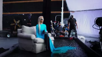 Balenciaga Swim­suit Gown In Blue Sky worn by Kim Kardashian as seen in The Kardashians (S02E10)