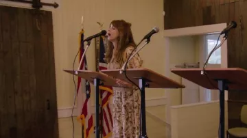 Alemais Philli­pa Flo­ral Puff Sleeve Minidress worn by Cheryl Peterson (Aya Cash) as seen in Welcome to Flatch (S02E08)