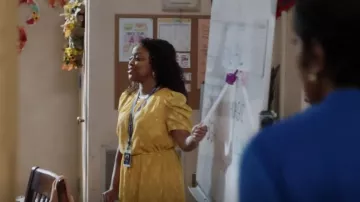 Julia Jordan Metallic Stripe Jacquard A-Line Dress worn by Janine Teagues (Quinta Brunson) as seen in Abbott Elementary (S01E04)