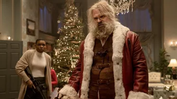 Red Leather Jacket worn by Santa Claus (David Harbour) in Violent Night movie wardrobe