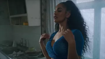 Two-piece Crochet Kit Knitted outfit in blue worn by Jorja Smith in Gum Body Official Music Video by Burna Boy