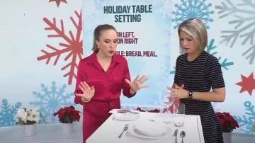 Lola Tara Savannah Jumpsuit In Scarlet worn by Myka Meier as seen in Today on December 7, 2022