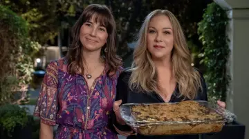 Spell Purple Pink Floral Printed Dress worn by Judy Hale (Linda Cardellini) as seen in Dead to Me TV series outfits (Season 3)