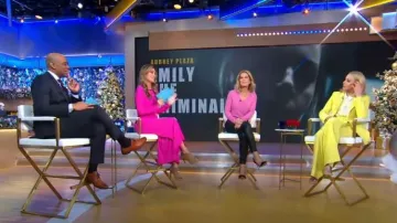 Dorothee Schumacher High-Rise Wide-Leg Wool-Blend Pants worn by Aubrey Plaza as seen in Good Morning America on December 13, 2022