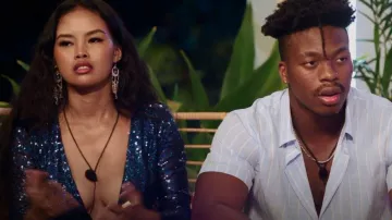 Pretty Little Thing Navy Se­quin Plunge Long Sleeve Bodycon Dress worn by Dominique Defoe as seen in Too Hot to Handle (S03E05)