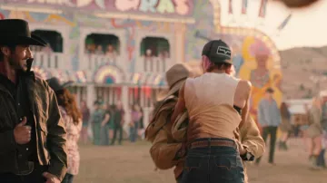 Kimes Ranch denim pants worn by Teeter (Jennifer Landon) as seen in Yellowstone Outfits (Season 5 Episode 7)