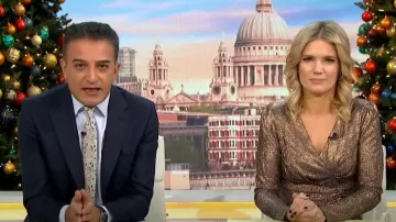 Adrianna Papell Foiled Knit Draped Knee Length Dress worn by Charlotte Hawkins as seen in Good Morning Britain on December 20, 2022