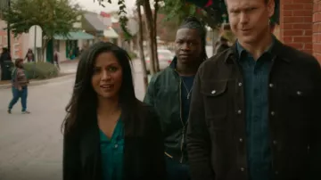 Theory Suede Draped Jack­et worn by Emma Tig (Karen David) as seen in Legacies (S01E12)