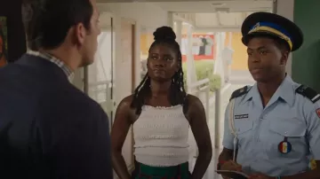 H&M Smocked Top In White worn by Naomi Thomas as seen in Death in Paradise (S11E07)