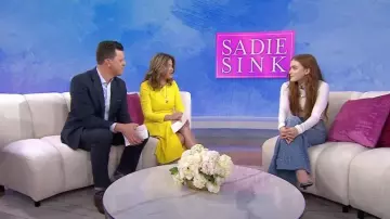 Ginvenchy High-Rise Stretch Pearl Wide-Leg Jeans worn by Sadie Sink as seen in Today with Hoda & Jenna on January 4, 2023