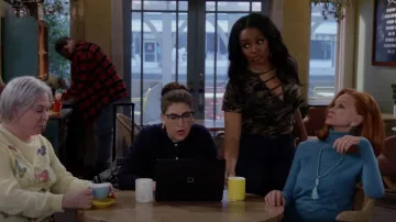 Boden Jewel Button Fluffy Cardigan In Navy worn by Kat (Mayim Bialik) as seen in Call Me Kat (S03E10)