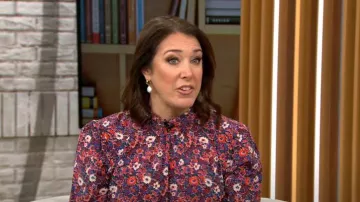 Veronica Beard Chilton Blouse in Berry Multi worn by  Sarah Gelman as seen in CBS Mornings on January 10, 2023