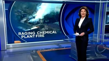 Alexander Mcqueen Pinstripe Wool Pantalones usados por Norah O'Donnell como se ve en CBS Evening News el 11 de enero de 2023