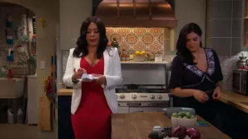 Veronica Beard Scuba Zip Jacket worn by Rosie (Selenis Leyva) as seen in Lopez vs. Lopez (S01E09)