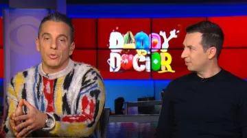 Saint Laurent Leopard Jacquard Crewneck Sweater worn by Sebastian Maniscalco as seen in CBS Mornings on January 20, 2023