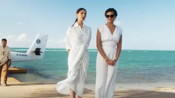 Express Silky Sueded Jersey Draped Front Top worn by Ruby Akuda (Kiara Barnes) as seen in Fantasy Island (S02E03)
