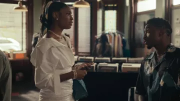 Alexander Wang Falling Off-Shoulder Dress worn by Hilary Banks (Coco Jones) as seen in Bel-Air (S01E04)