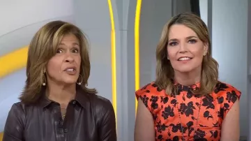 Ganni Floral Print Ruched Stretch Silk Satin Sleeveless Top worn by Savannah Guthrie as seen in Today on January 24, 2023