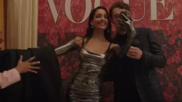 Monse Foil Jersey Slashed Dress & Matching Sleeeves from Resort 2023 Collection worn by Luna La (Zión Moreno) as seen in Gossip Girl (S02E10)