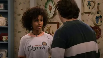 Japanese Brand Vintage Hanshin Tigers Ringer T-Shirt worn by Gwen Runck (Ashley Aufderheide) as seen in That '90s Show (S01E08)