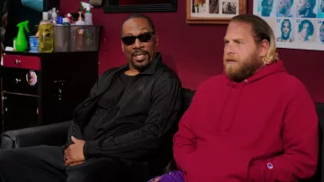 Champion Reverse Weave Hood Scarlet worn by Ezra (Jonah Hill) as seen in You People