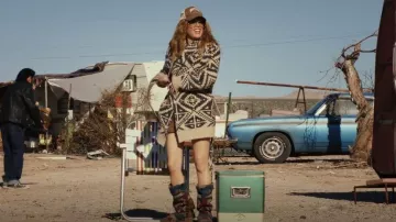 Blazin Roxx Rust & Steel Geo­met­ric Tassel-Accent Aval Slipper Boot worn by Charlie Cale (Natasha Lyonne) as seen in Poker Face (S01E01)