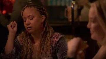 Johnny Was Isadora Velvet Draped Jacket worn by Desiree Scoville (Tracie Thoms) as seen in Truth Be Told (S02E01)