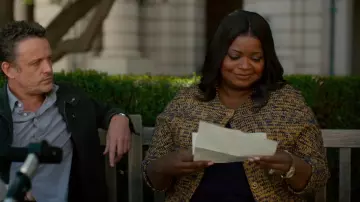 St John Bicolore Tweed Knit Coat worn by Poppy Scoville-Parnell (Octavia Spencer) as seen in Truth Be Told (S02E05)