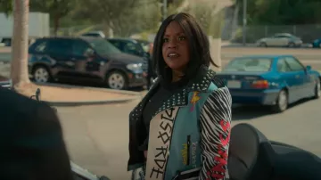 Akira Azalea Wang Band Of Misfits Blue Tiger Moto Jacket worn by Eva (Gabrielle Union) as seen in Truth Be Told (S02E06)