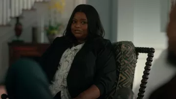 Misook Abstract Floral Tie Neck Blouse worn by Poppy Scoville-Parnell (Octavia Spencer) as seen in Truth Be Told (S02E06)