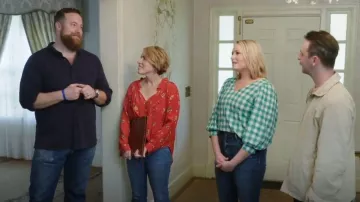 A New Day Green Plaid V Neck Puff Sleeve Lightweight Shirt worn by Alex as seen in Home Town (S07E03)