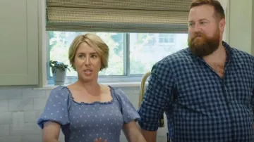 Old Navy Puff-Sleeve Smocked Printed Embroidered Fit and Flare Chambray Midi Dress worn by Erin Napier as seen in Home Town (S07E03)