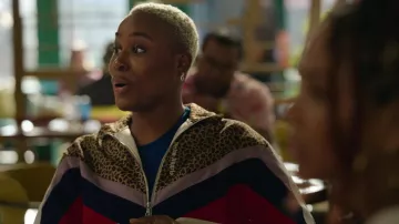 Palm Angels color block zip sweater worn by Tye (Jerrie Johnson) as seen in Harlem TV series outfits (S02E02)