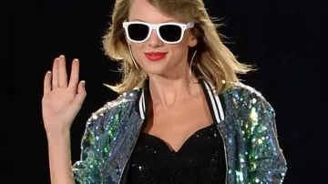 Jaded London Sequin Bomber Jacket in Aqua worn by Taylor Swift in Hyde Park, London on June 27, 2015