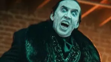 Black long Fur Collar trench Overcoat worn by Dracula (Nicolas Cage) in Renfield movie