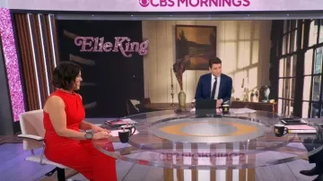 Black Halo Corrine Jumpsuit in Wildfire worn by Dana Jacobson as seen in CBS Mornings on  February 10, 2023