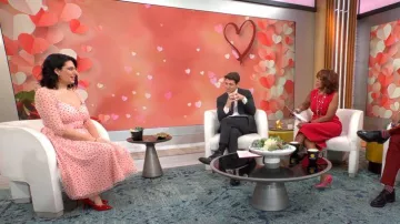 Unique Vintage Pink & Red Hearts Lamar Swing Dress worn by as seen in CBS Mornings on  February 14, 2023