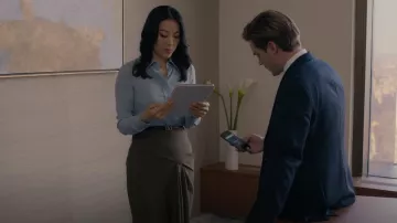 Versace Draped Midi Skirt worn by Ingrid Yun (Arden Cho) as seen in Partner Track (S01E07)