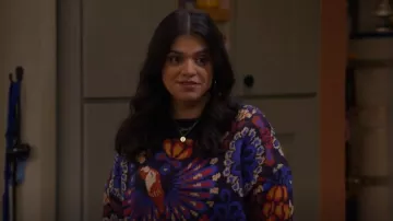 Farm Rio Pineapple Flowers Navy Sweater worn by Mayan (Mayan Lopez) as seen in Lopez vs. Lopez (S01E12)