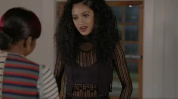 Ganni Pinstripe Beaded Fringe Crop Camisole worn by Olivia Baker (Samantha Logan) as seen in All American (S04E18)