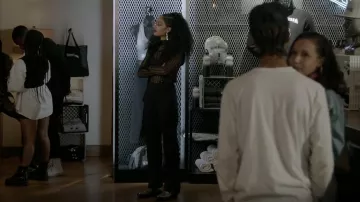 Ganni Pinstripe Beaded Fringe Crop Camisole worn by Olivia Baker (Samantha Logan) as seen in All American (S04E18)
