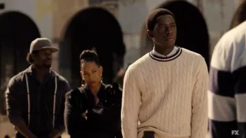 The twisted white Golden Goose sweater worn by Franklin Saint (Damson Idris) in the series Snowfall (Season 4)