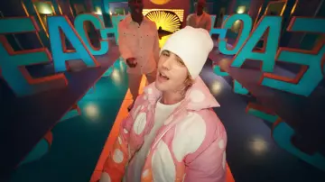 ERL Multicolor Circle Puffer Jacket worn by Justin Bieber in Peaches Music video feat. Daniel Caesar, Giveon